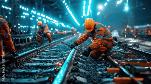 Railway workers completing a new rail line under neon blue lights