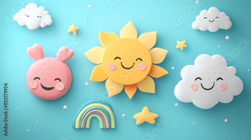 Cartoon faces of a sun, rainbow, and cloud express happiness against a playful, pastel-colored backdrop with cute accents. Parhelion. Illustration photo