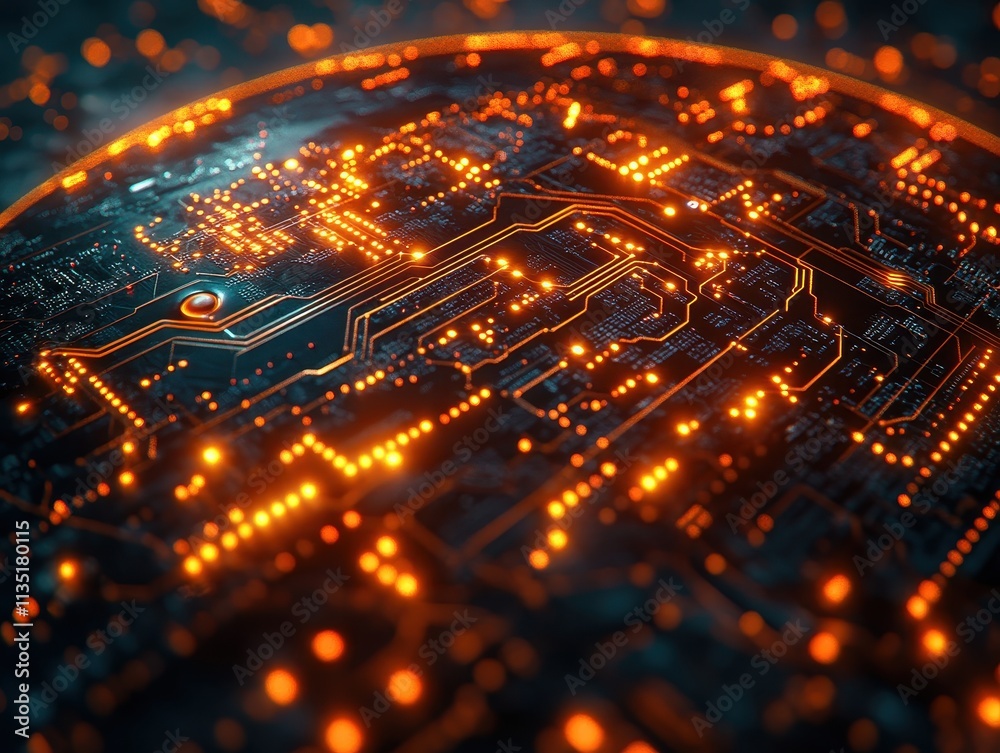 Abstract Close-Up of a Glowing Circuit Board with Orange Light Bokeh, High-Tech Technology Background. Abstract Close-Up of a Glowing Circuit Board with Orange Light Bokeh, High-Tech Technology Background.