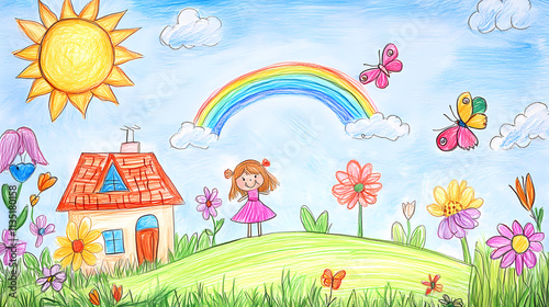 Childlike drawing of happy girls, house, sun, rainbow, butterflies, and flowers. Parhelion. Illustration