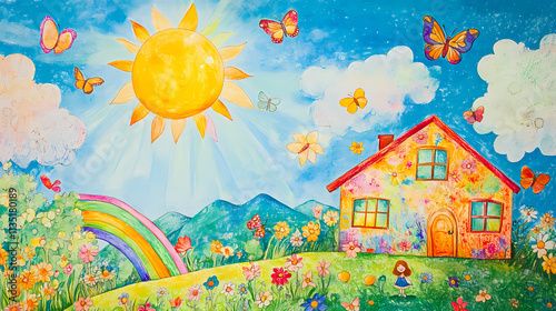 Childlike drawing of happy girls, house, sun, rainbow, butterflies, and flowers. Parhelion. Illustration