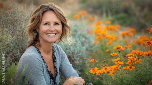 Smiling Woman Amidst Blooming Orange Flowers