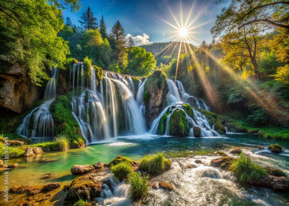 Obraz premium Stunning Panoramic View of Waterfall Gostilje Captured on Zlatibor Mountain, Serbia, Showcasing Nature's Beauty with Lush Greenery and Crystal Clear Waterfalls