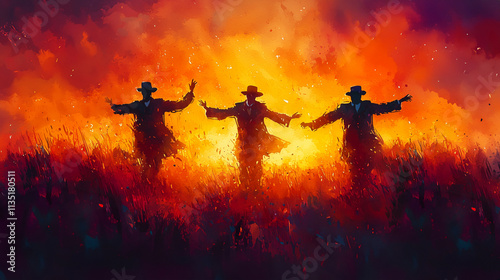 Colorful abstract watercolor illustration of Hassidic Jewish men celebrating against a vibrant background