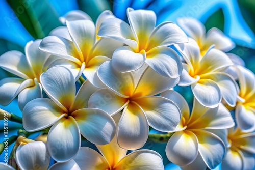 Stunning Pattern of Frangipani Plumeria Alba Flowers on a Soft Blue Background Showcasing Their Delicate Beauty and Intricate Design for Nature Enthusiasts and Floral Lovers