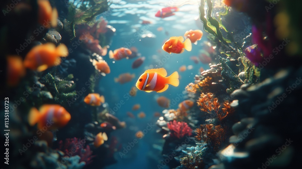 Fototapeta premium Vibrant coral reef teeming with orange clownfish and diverse marine life. 