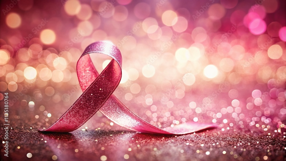 Fototapeta premium Stunning Pink Glitter Ribbon for Cancer Awareness in Elegant Product Photography Setting with Soft Lighting and Reflections for an Inspiring Campaign