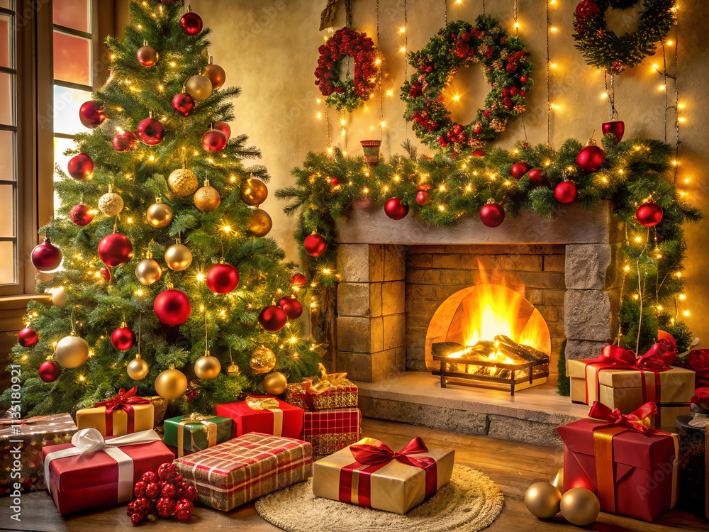 A Christmas scene featuring a fireplace with a warm fire, flanked by two decorated Christmas trees. A Christmas scene featuring a fireplace with a warm fire, flanked by two decorated Christmas trees.