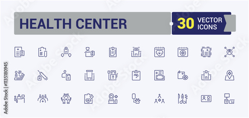 Health Center icon set. Includes thin line cure, ui, emergency, hospitalization, health, contract, patient, support. Pixel perfect. Editable stroke.