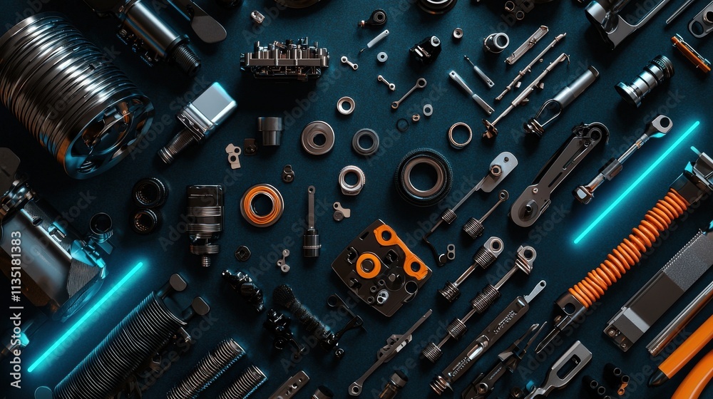 Engine parts arranged neatly on a workbench with blue neon light emphasis Engine parts arranged neatly on a workbench with blue neon light emphasis