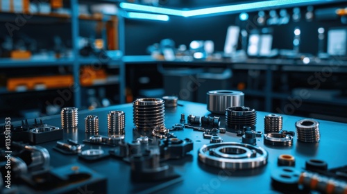 Engine parts arranged neatly on a workbench with blue neon light emphasis