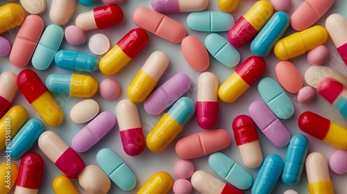 Close-Up View of Multiple Colorful Pills for Health and Wellness Usage in Pharmaceutical Marketing and Graphic Design Projects