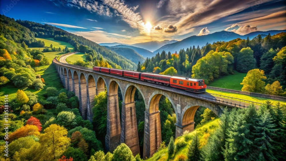 Fototapeta premium Stunning Product Photography of a Railroad Over a Railway Bridge, Capturing the Strength and Beauty of Engineering Against a Scenic Landscape with Clear Blue Skies