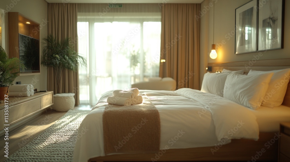 Obraz premium A cozy hotel room with two beds, soft lighting, and a welcoming atmosphere.
