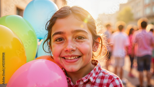 Smiling girl holding colorful balloons during Holi festival outdoors photo