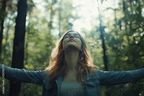 Free woman breathing clean air in the forest. Unhappy girl, open arms in happiness. Fresh outdoor woods, wellness healthy lifestyle concept.