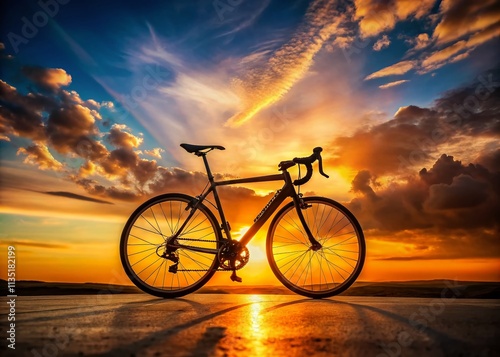 Stunning Road Racing Bike Silhouette 2in1 B Against Vibrant Sunset Background for Cycling Enthusiasts and Product Showcase