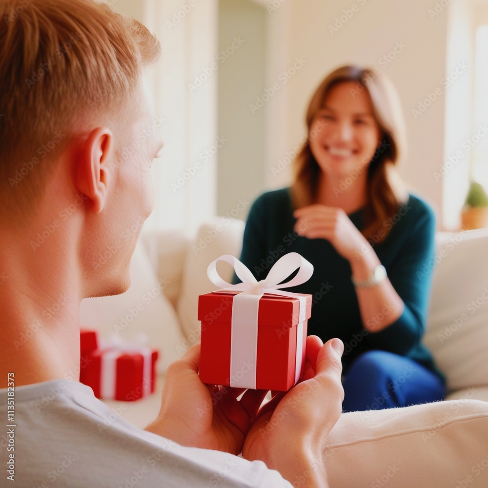 Man giving red gift box to smiling woman at home Man giving red gift box to smiling woman at home