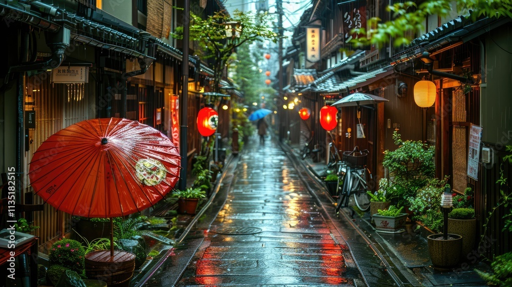Naklejka premium A serene, rain-soaked alleyway adorned with lanterns and umbrellas, evoking tranquility.