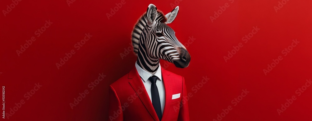 Zebra in Red Suit and Tie. AI generated illustration