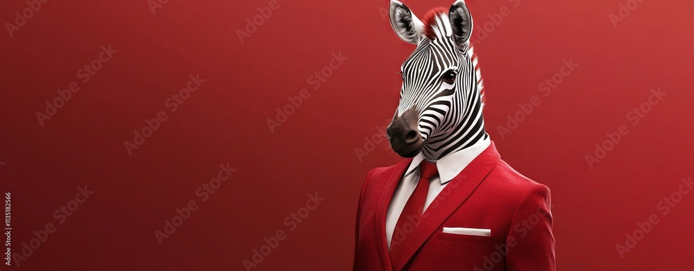 Zebra in Red Suit and Tie. AI generated illustration