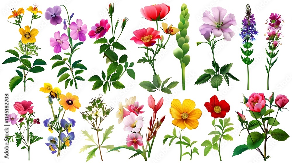 Set of spring flowers and herbs isolated on white background