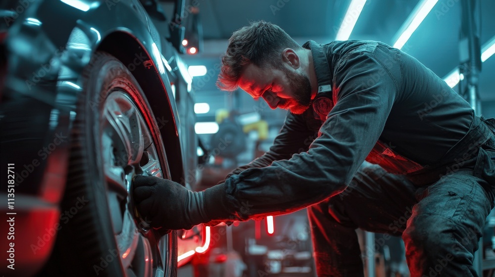 Auto mechanic changing a tire in a workshop with red neon accents, industrial theme Auto mechanic changing a tire in a workshop with red neon accents, industrial theme