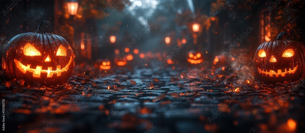 Lit Jack-o'-lanterns line a spooky cobblestone path on Halloween night. Lit Jack-o'-lanterns line a spooky cobblestone path on Halloween night.