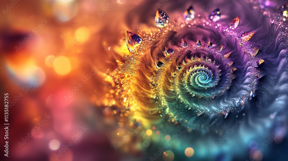 Rainbow Spiral with Bokeh and Crystals. AI generated illustration