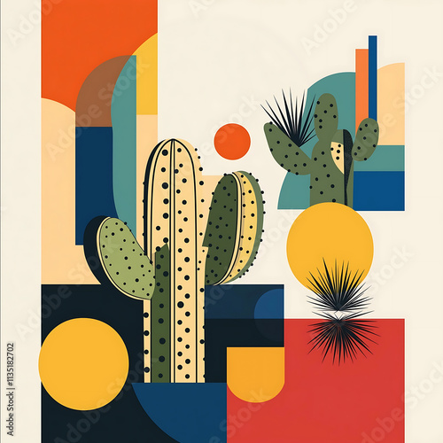 Minimalist Bauhausinspired desert sticker pack design featuring stylized prickly pear cacti arranged within a clean geometric grid Circles semicircles and bold line photo