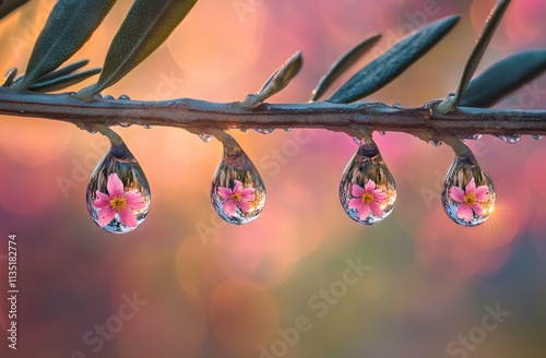 Dew Drops with Pink Flowers on Olive Branch. AI generated illustration