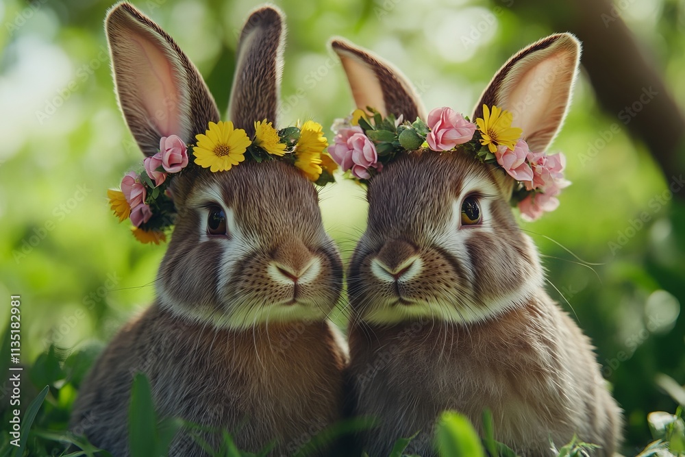Two adorable rabbits with flower crowns in a vibrant garden setting, celebrating Easter. AI generated illustration