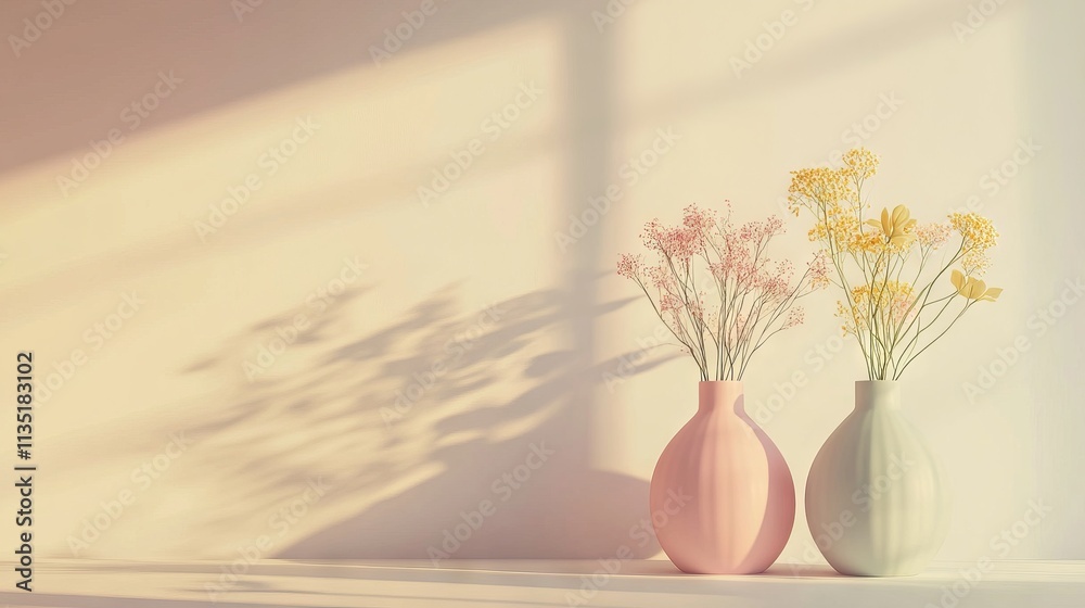 Two pastel vases with flowers on a minimalist table, casting soft shadows, set against a pastel background. AI generated illustration