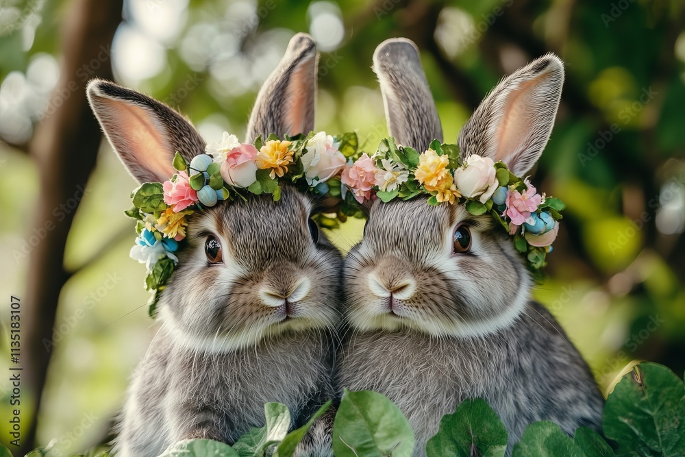 Two adorable rabbits with flower crowns in a vibrant garden setting, celebrating Easter. AI generated illustration