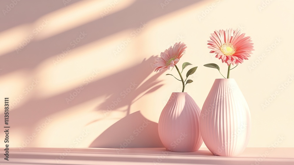 Two pastel vases with flowers on a minimalist table, casting soft shadows, set against a pastel background. AI generated illustration