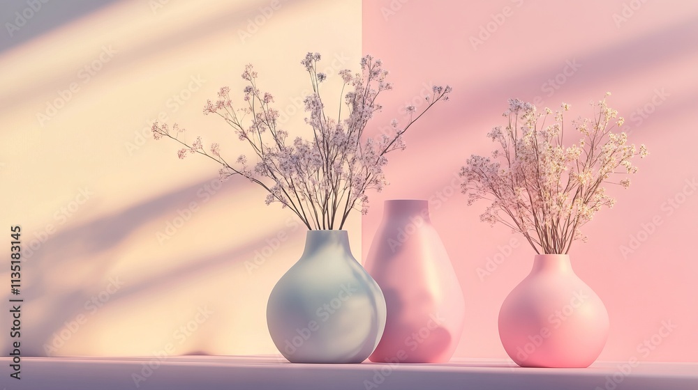 Two pastel vases with flowers on a minimalist table, casting soft shadows, set against a pastel background. AI generated illustration