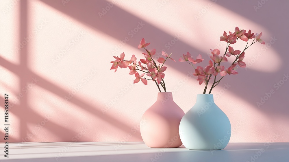 Two pastel vases with flowers on a minimalist table, casting soft shadows, set against a pastel background. AI generated illustration