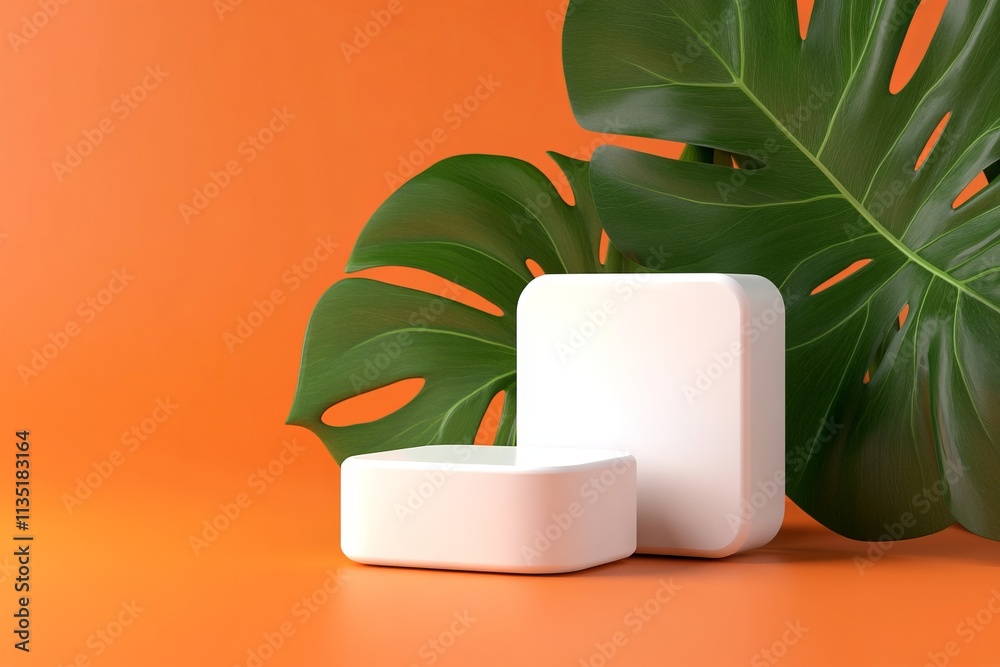 Minimalist podium mockup with white rounded boxes and green monstera leaf on orange background. AI generated illustration