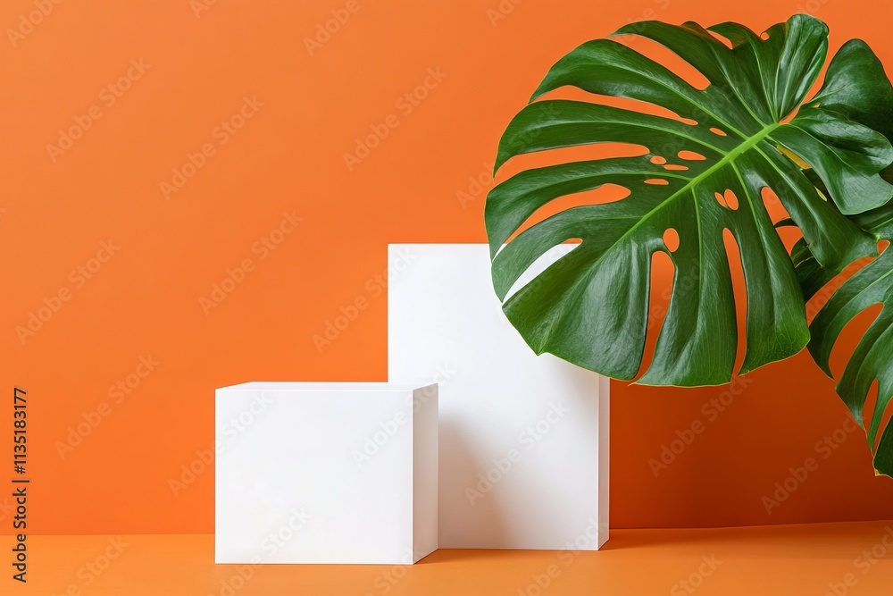 Minimalist podium mockup with white rounded boxes and green monstera leaf on orange background. AI generated illustration