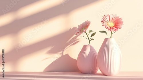 Obraz na płótnie Two pastel vases with flowers on a minimalist table, casting soft shadows, set against a pastel background. AI generated illustration w salonie