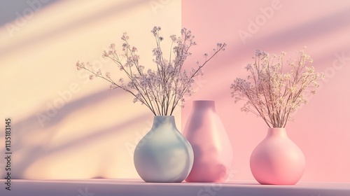 Obraz na płótnie Two pastel vases with flowers on a minimalist table, casting soft shadows, set against a pastel background. AI generated illustration w salonie