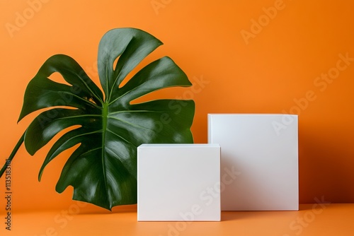 Minimalist podium mockup with white rounded boxes and green monstera leaf on orange background. AI generated illustration