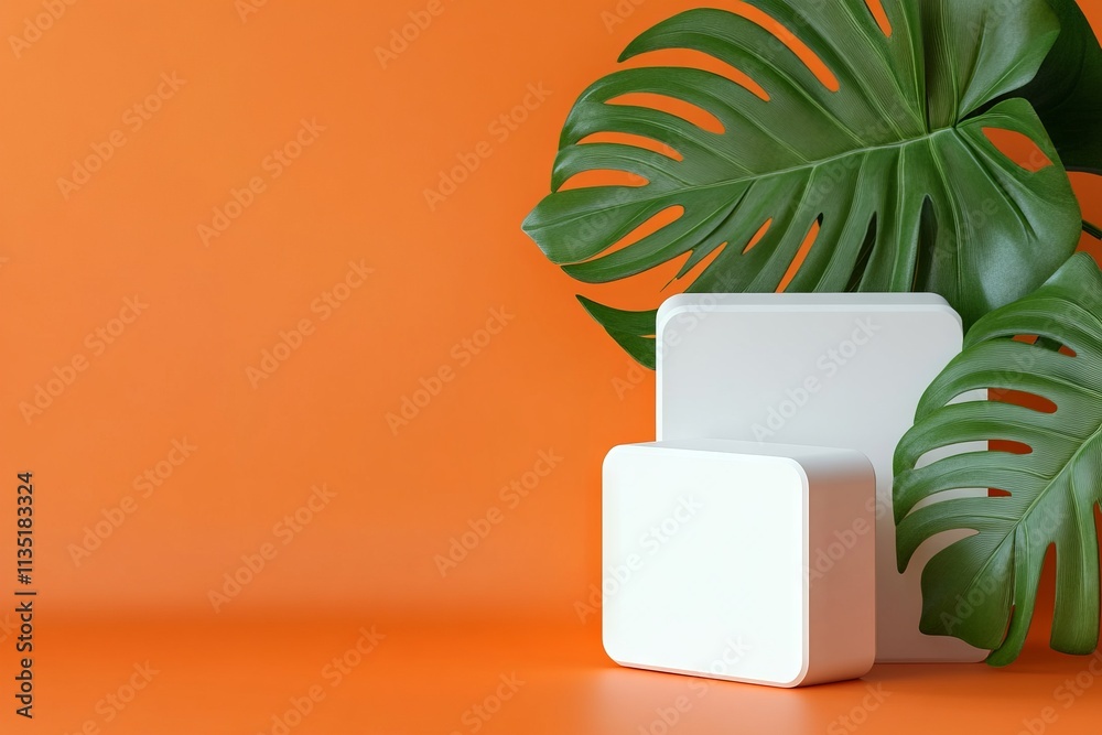 Minimalist podium mockup with white rounded boxes and green monstera leaf on orange background. AI generated illustration