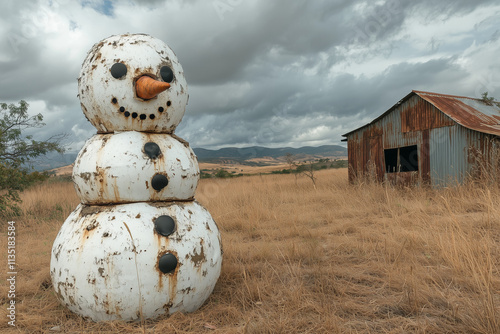 A metal snowman standing in a dry grassland with a corrugated iron shack in the background.  photo