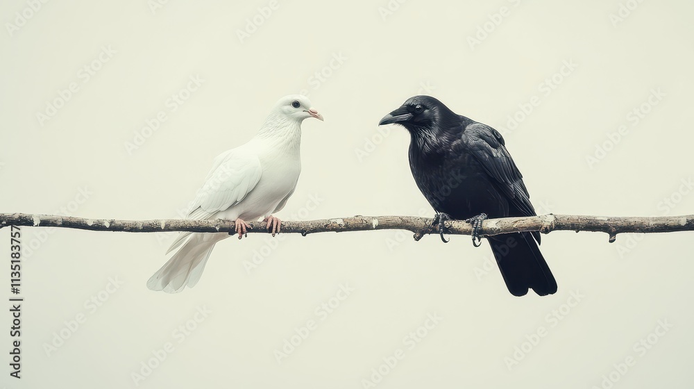 White Dove and Black Crow on Branch Opposites Attract Stock Photo. White Dove and Black Crow on Branch Opposites Attract Stock Photo.