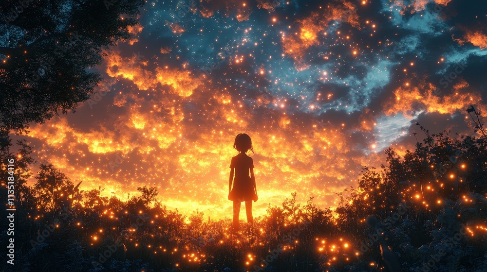 Surreal Girl Silhouette in Glowing Field at Night Magical Fantasy Landscape with Orange and Blue Sky, Fireflies, and Stars