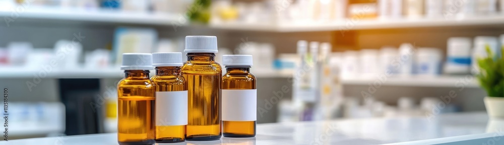 Close-up view of various amber glass bottles with white caps, and smaller containers, possibly skincare or essential oil products