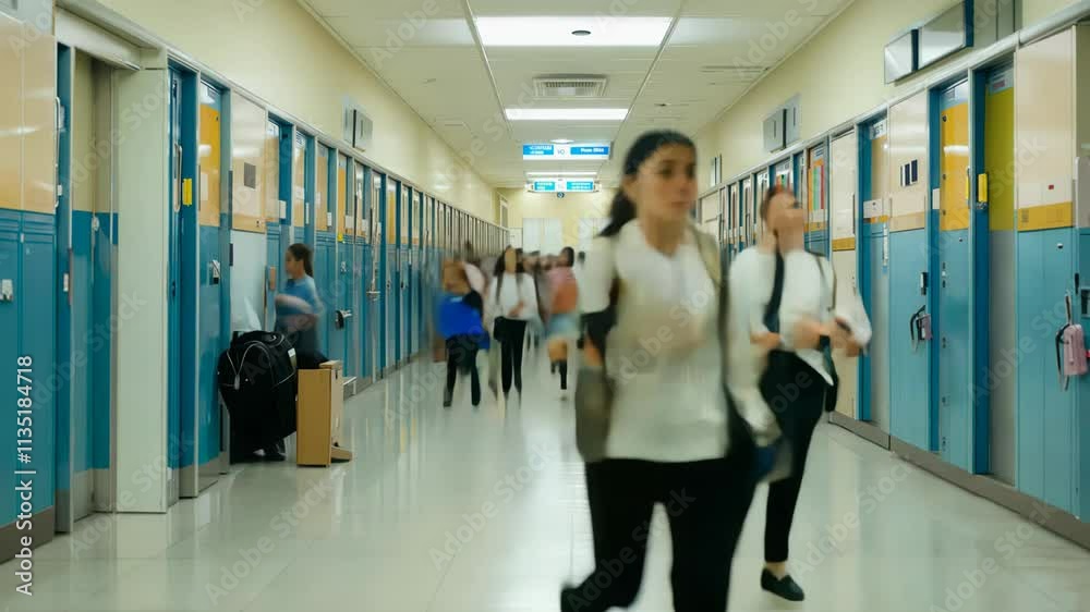 Timelapse of a bustling school corridor capturing students' daily activities throughout the day