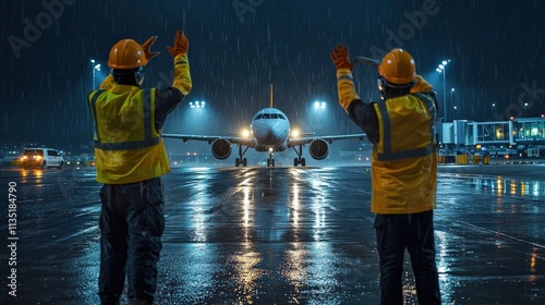 Airport workers signaling a landing airplane on a rainy night with glowing runway lights photo