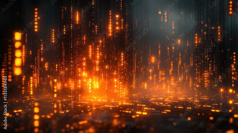 Futuristic Glowing Data Stream Matrix with Abstract Orange Digital Code on Dark Background. Futuristic Glowing Data Stream Matrix with Abstract Orange Digital Code on Dark Background.